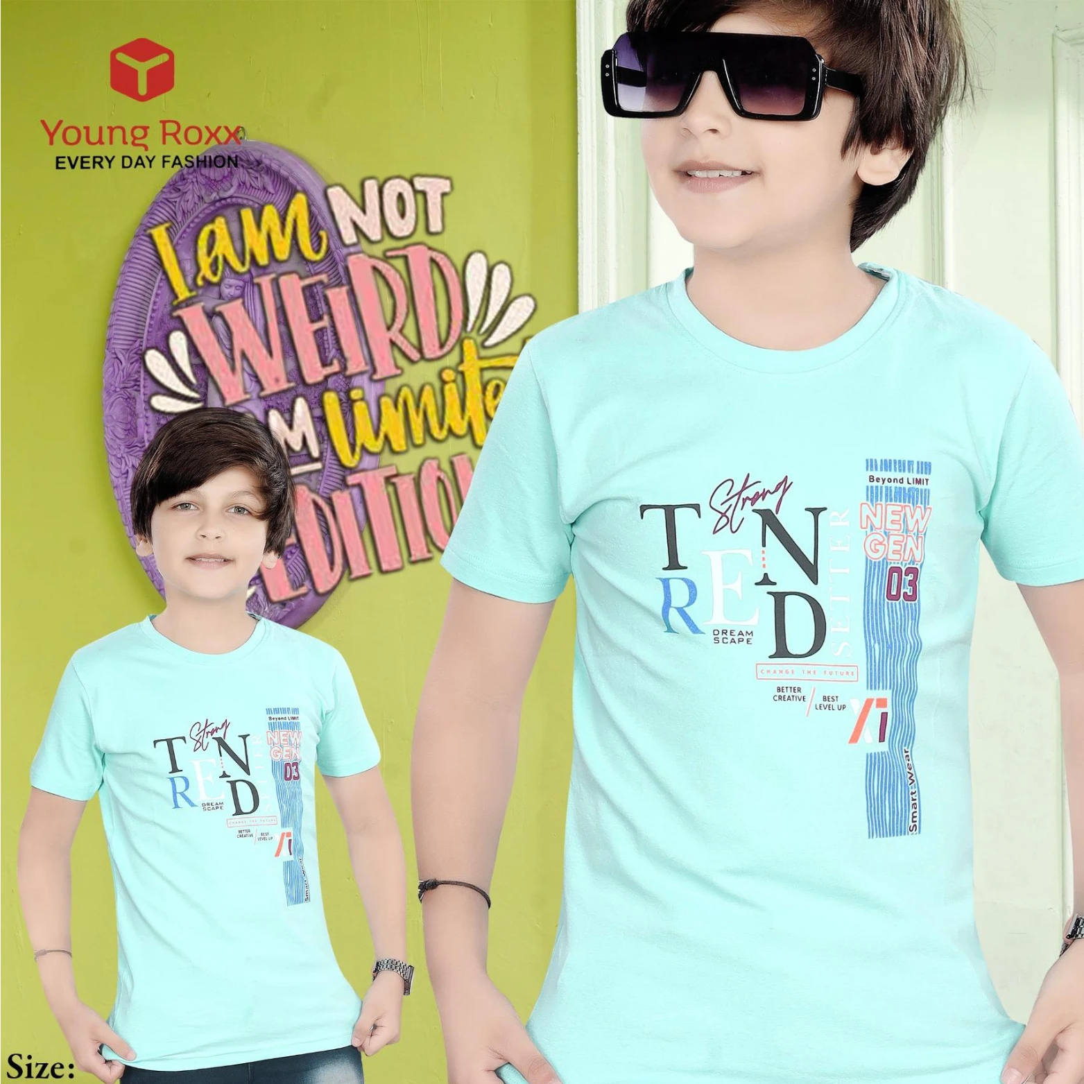 Young Roxx Boys Sky Blue Printed Round Neck T-Shirt | Trendy Cotton Casual Wear for Kids