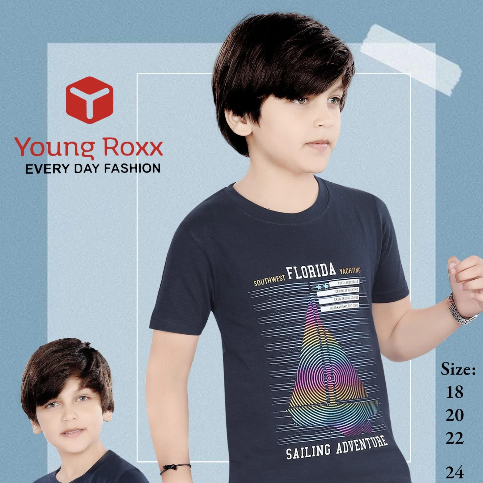 Young Roxx Boys Navy Blue Printed Round Neck T-Shirt | Cotton Casual Wear for Kids