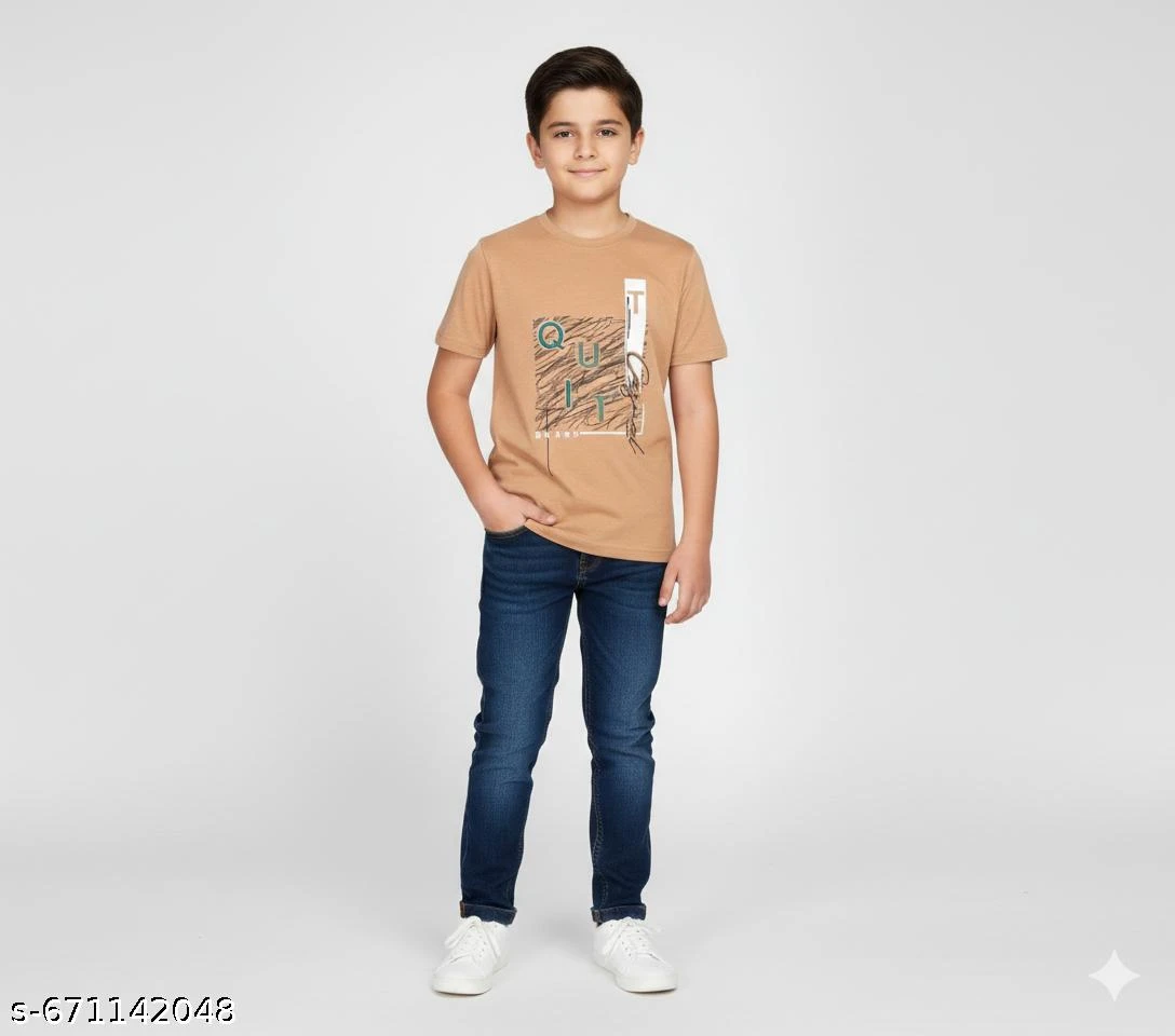KIDS BOYS BEIGE GRAPHIC PRINT COTTON T-SHIRT