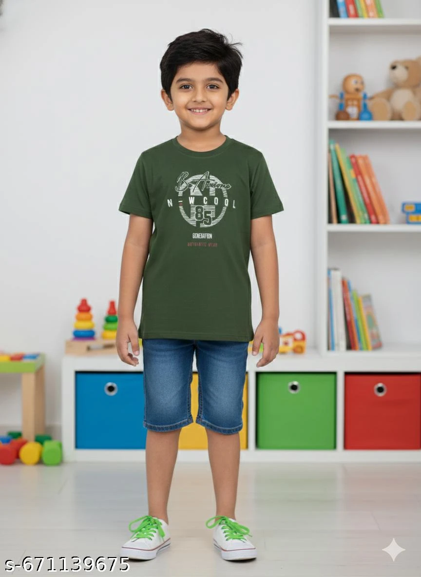 KIDS BOYS OLIVE GREEN GRAPHIC PRINT COTTON T-SHIRT