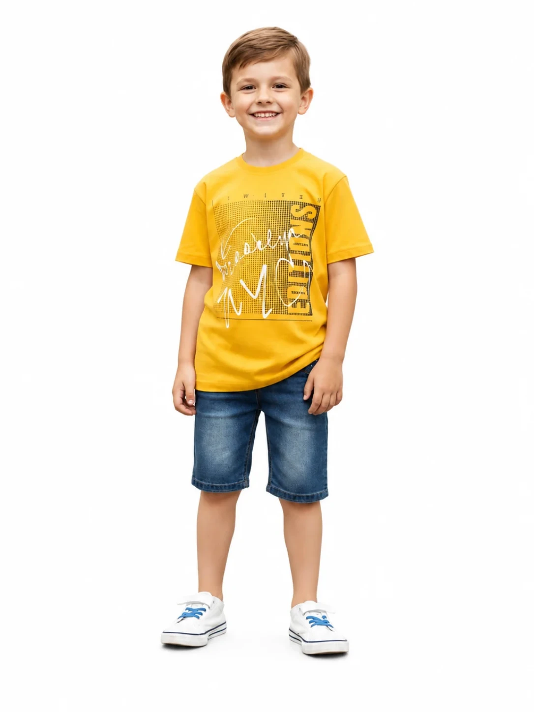 Mustard Yellow Graphic Print T-Shirt with Blue Denim Shorts Casual Outfit Set