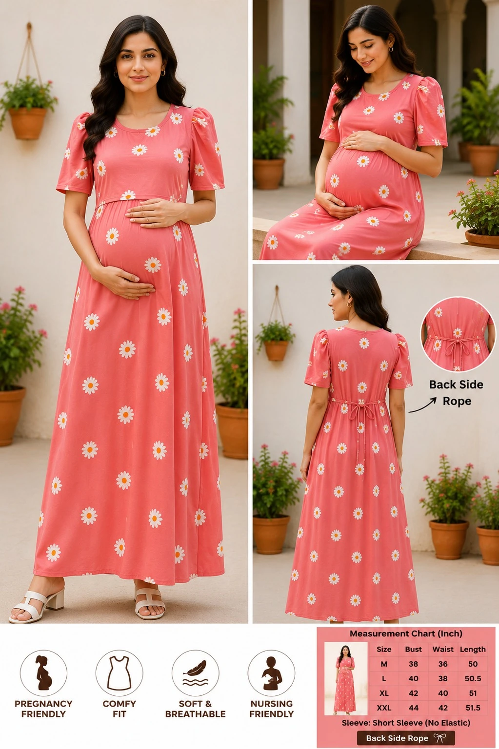 Pink Daisy Print Maternity Maxi Dress | Feeding Friendly Pregnancy Gown