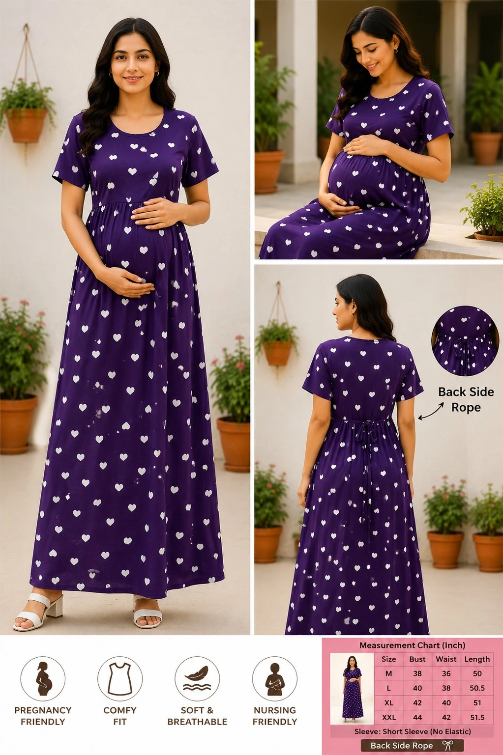 Purple Heart Print Maternity Maxi Dress | Feeding & Nursing Friendly Pregnancy Gown