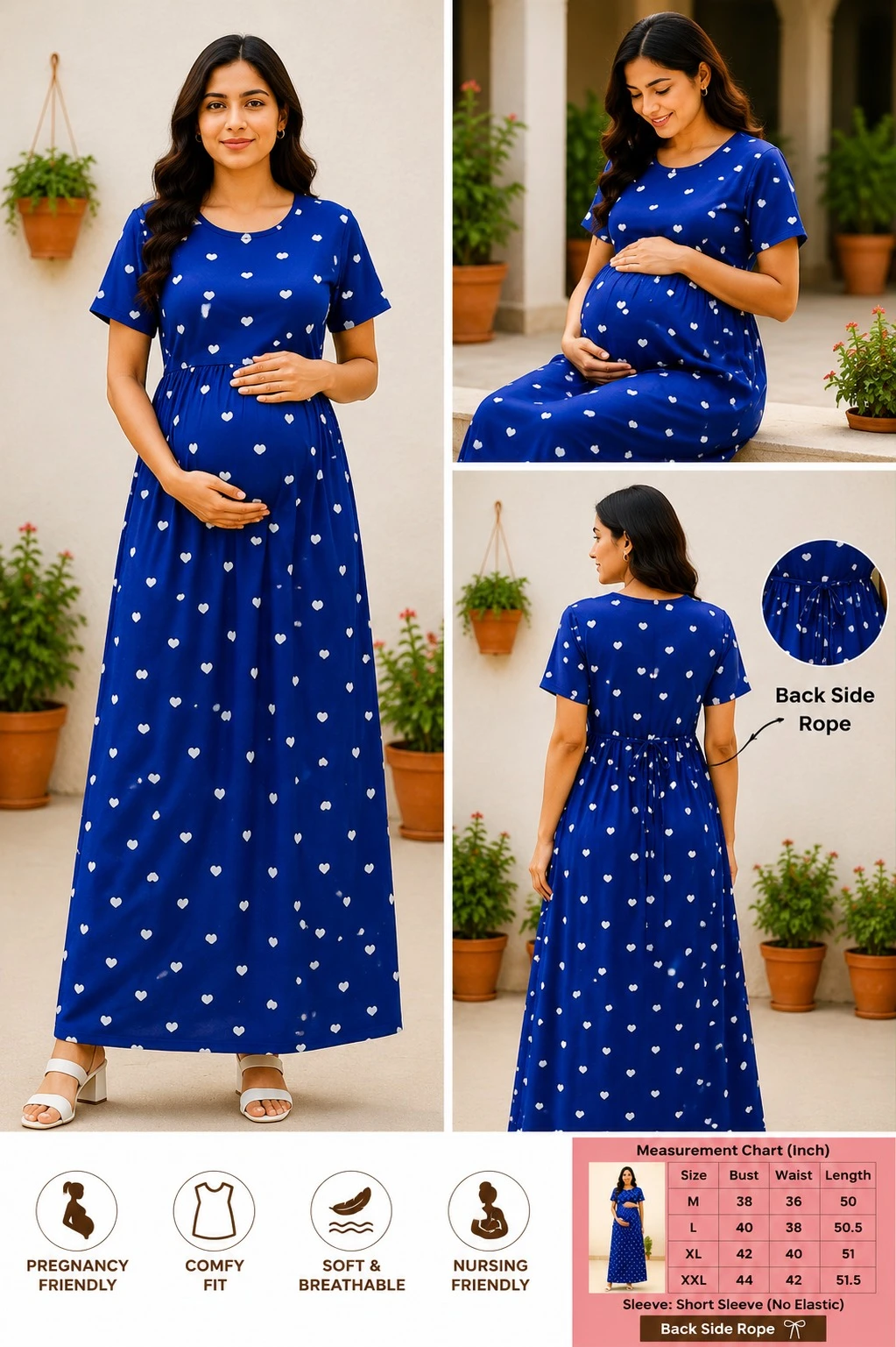 Blue Heart Print Maternity Maxi Dress | Feeding & Nursing Friendly Pregnancy Gown
