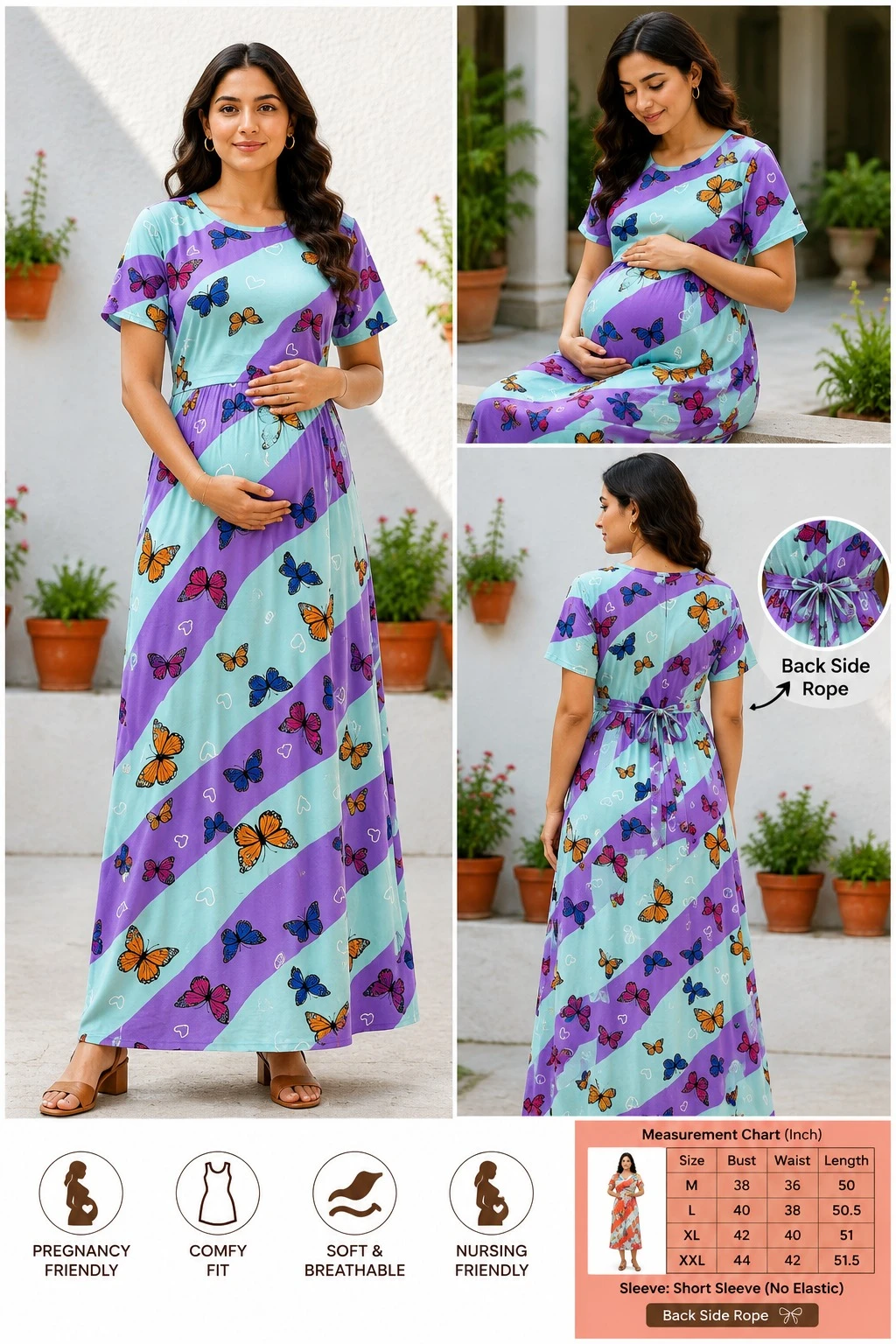 Women's Butterfly Print Maternity Feeding Maxi Dress | Soft Cotton Nursing Nighty | Front Feeding Pregnancy Dress | Comfortable Breastfeeding Wear