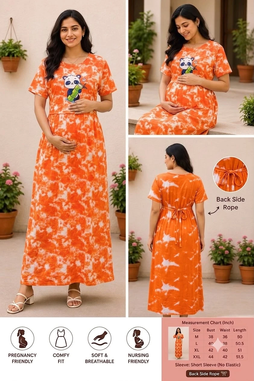 Orange Panda Print Maternity Maxi Dress | Feeding & Nursing Friendly Pregnancy Gown