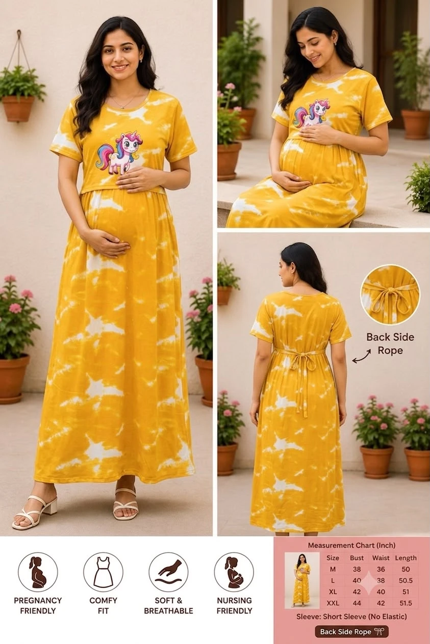 Yellow Unicorn Print Maternity Maxi Dress | Feeding & Nursing Friendly Pregnancy Gown