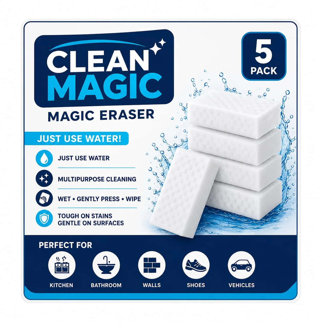 Clean Magic Eraser Sponge 5 Pack | Multipurpose Cleaning Sponge | Just Add Water | Kitchen, Bathroom, Walls, Shoes & Car Cleaning